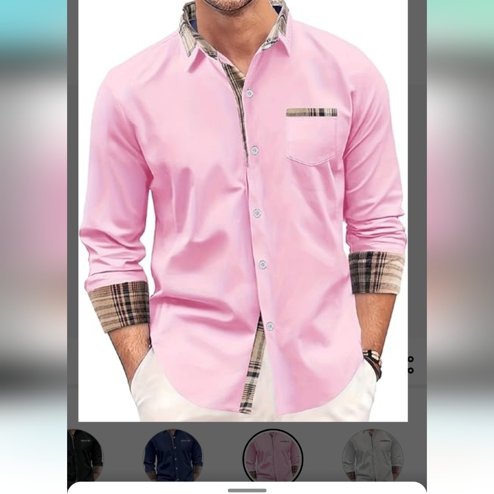 Coofandy Pink Plaid Accent Shirt Contrast Trim Collar & Cuffs size large